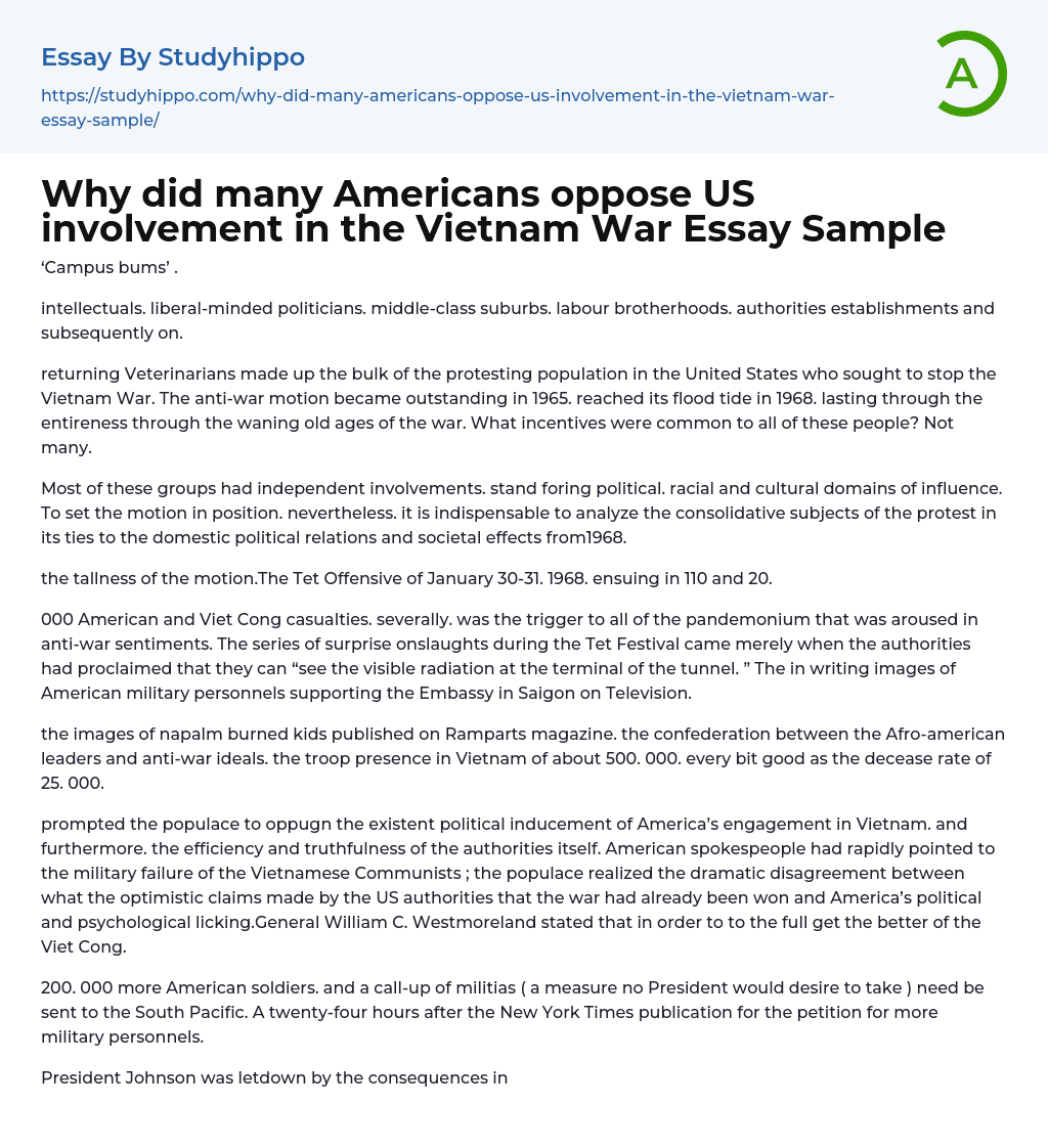 Why did many Americans oppose US involvement in the Vietnam War Essay Sample