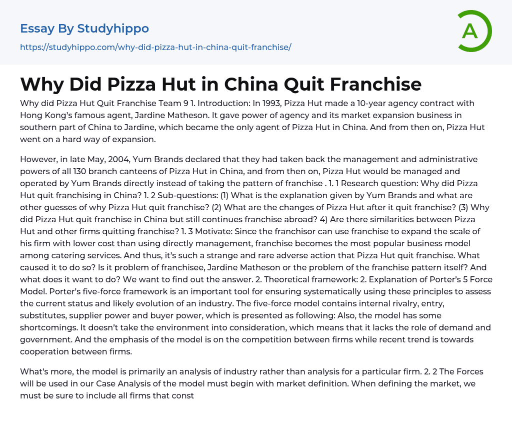Why Did Pizza Hut in China Quit Franchise Essay Example