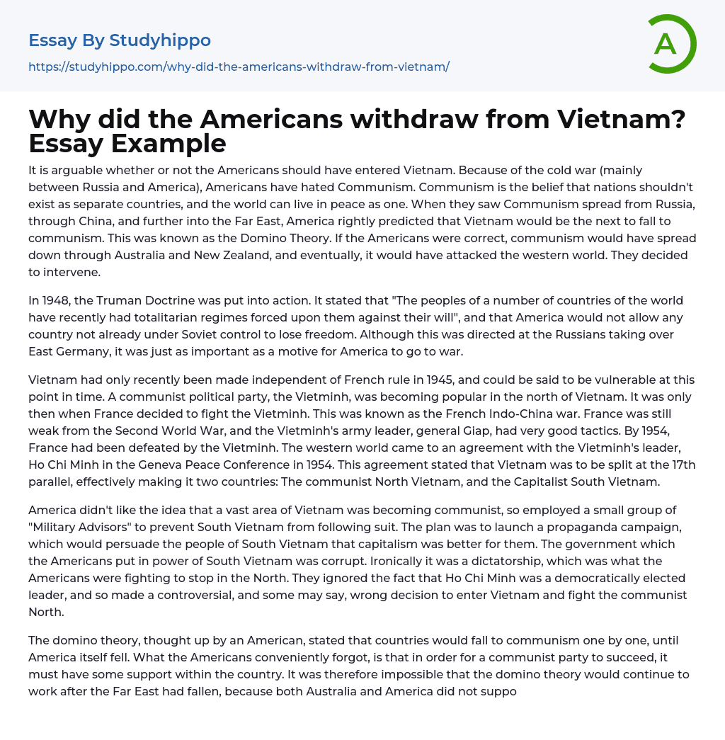 Why did the Americans withdraw from Vietnam? Essay Example