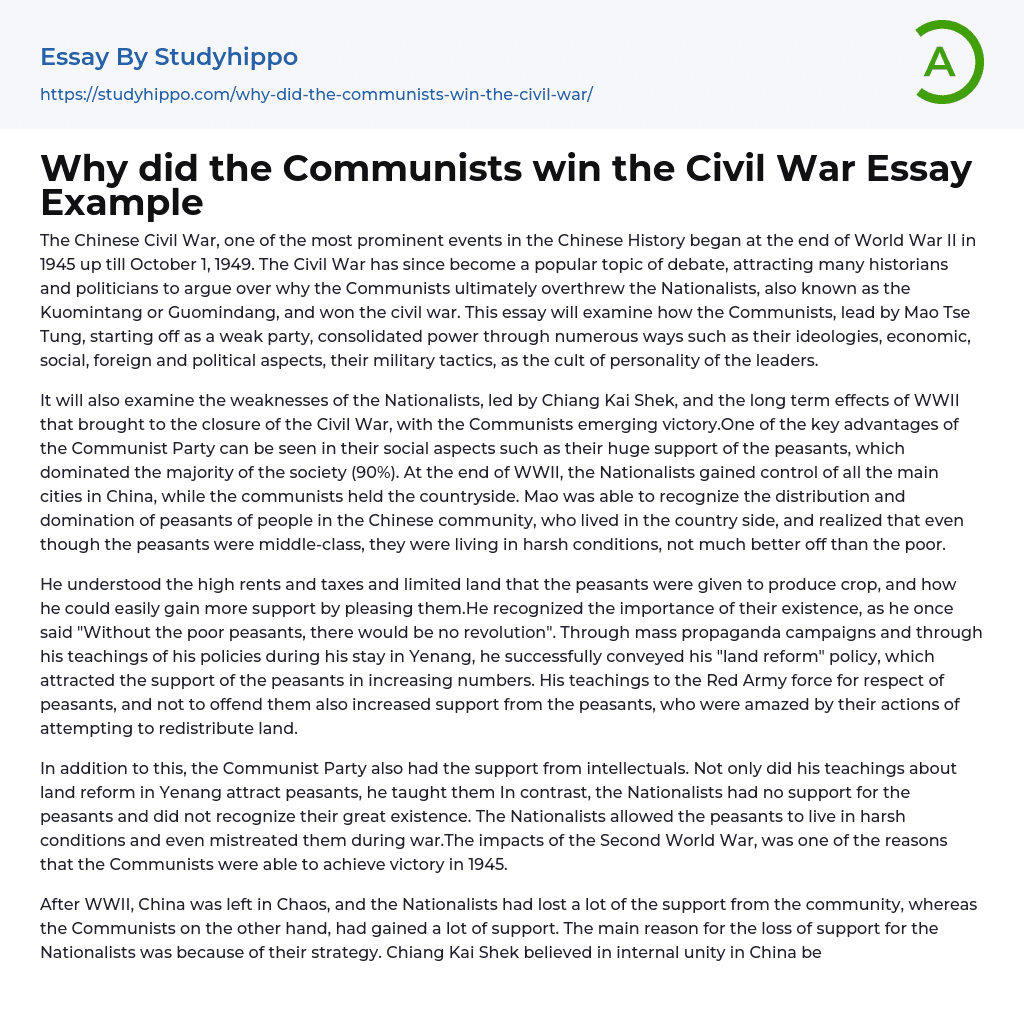 Why did the Communists win the Civil War Essay Example