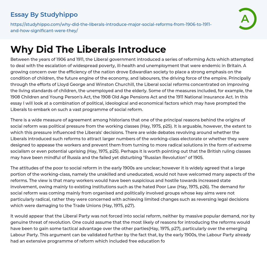 Why Did The Liberals Introduce Essay Example