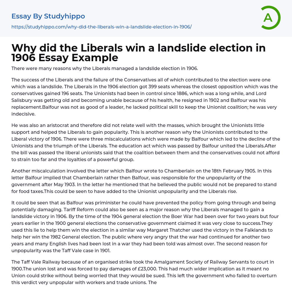 Why did the Liberals win a landslide election in 1906 Essay Example