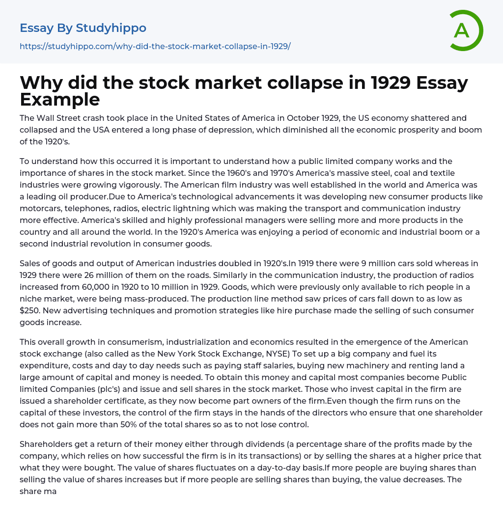 Why did the stock market collapse in 1929 Essay Example