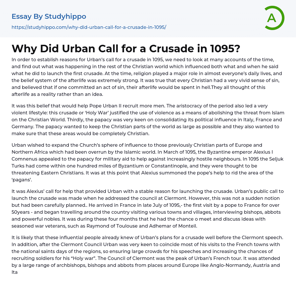 Why Did Urban Call for a Crusade in 1095? Essay Example
