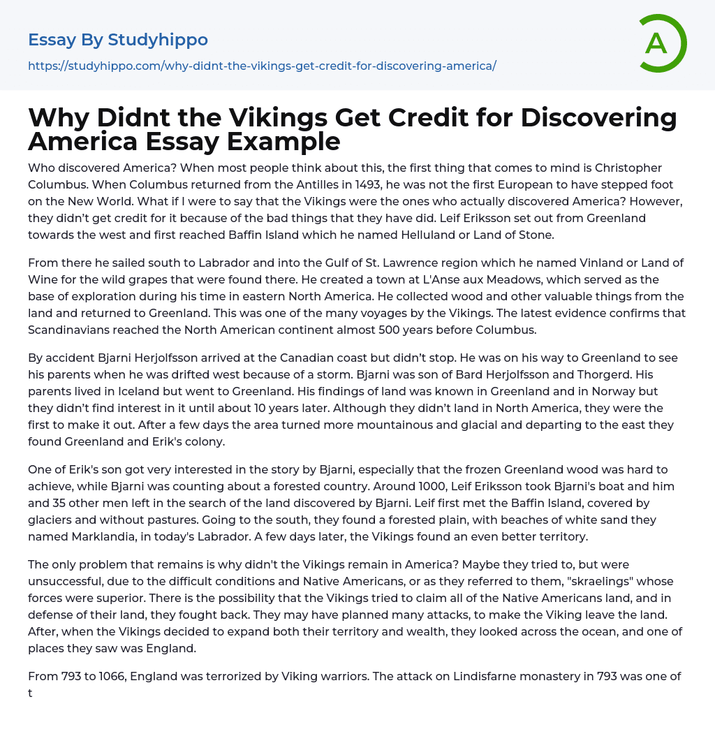 Why Didnt the Vikings Get Credit for Discovering America Essay Example