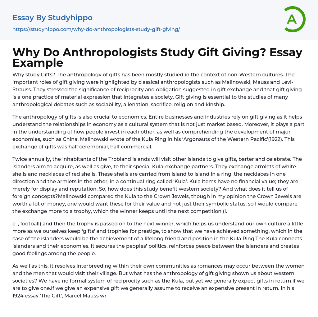 Why Do Anthropologists Study Gift Giving? Essay Example
