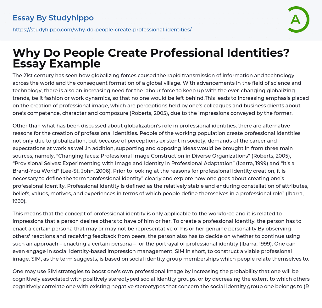 Why Do People Create Professional Identities? Essay Example