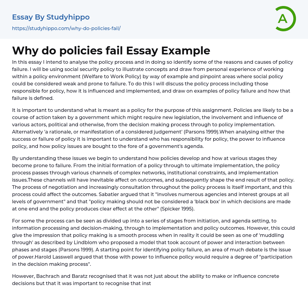 Why do policies fail Essay Example
