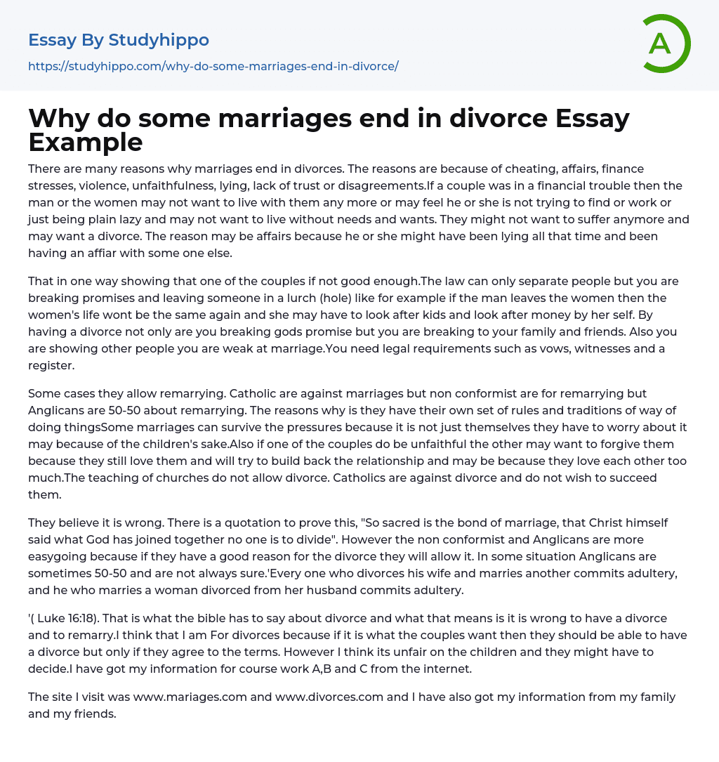Why do some marriages end in divorce Essay Example