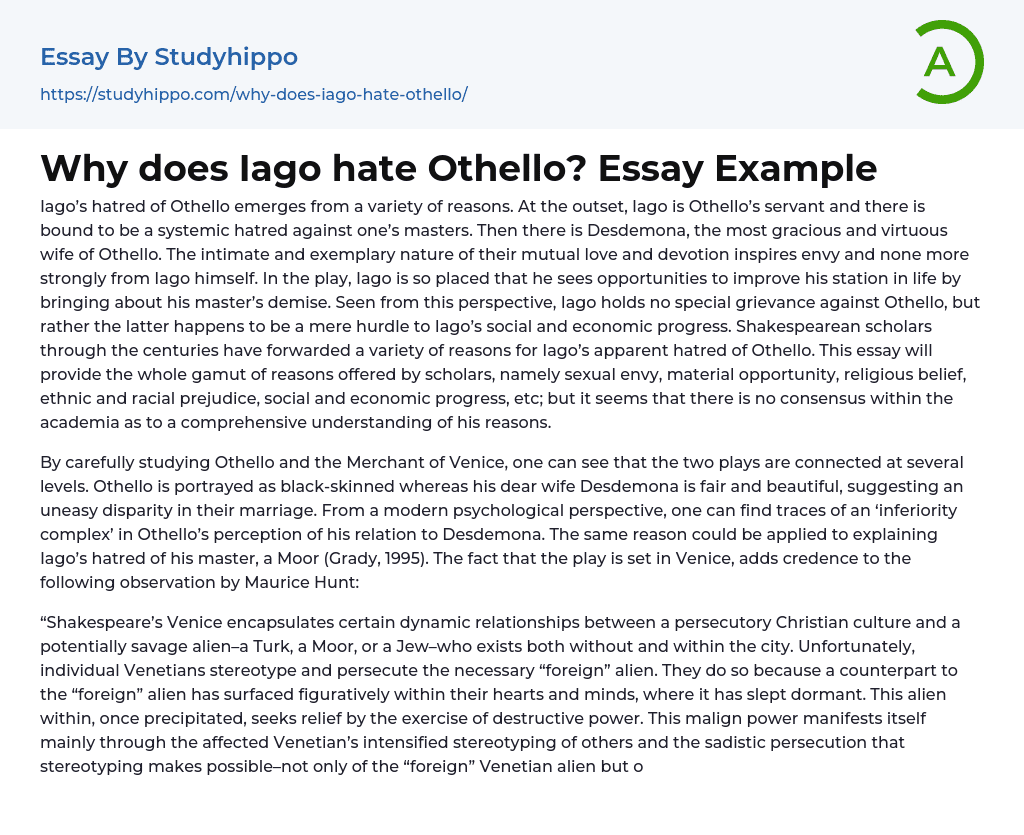 Why does Iago hate Othello? Essay Example