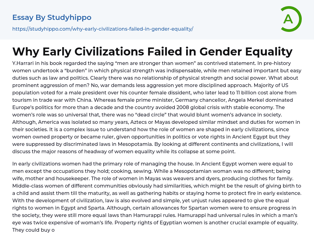 Why Early Civilizations Failed in Gender Equality Essay Example