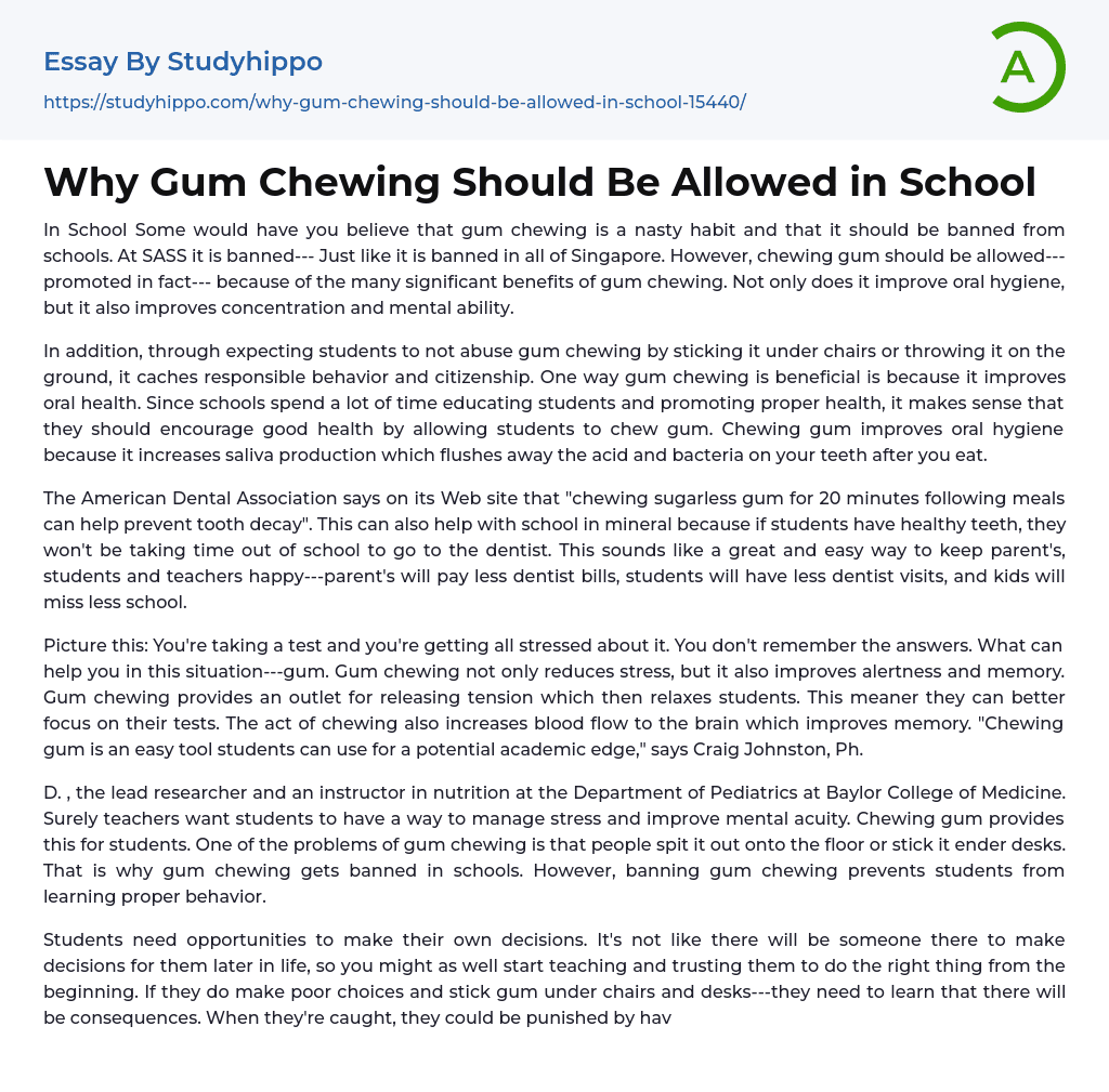 Why Gum Chewing Should Be Allowed in School Essay Example