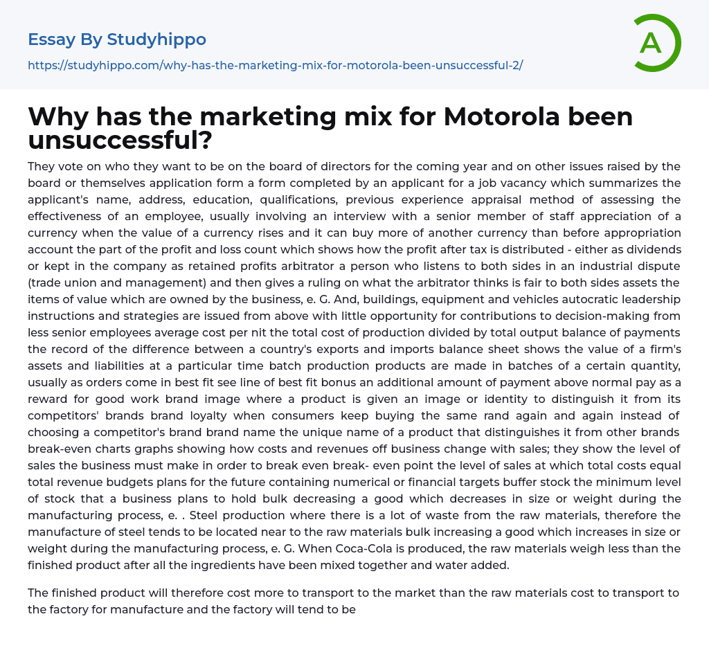 Why has the marketing mix for Motorola been unsuccessful? Essay Example