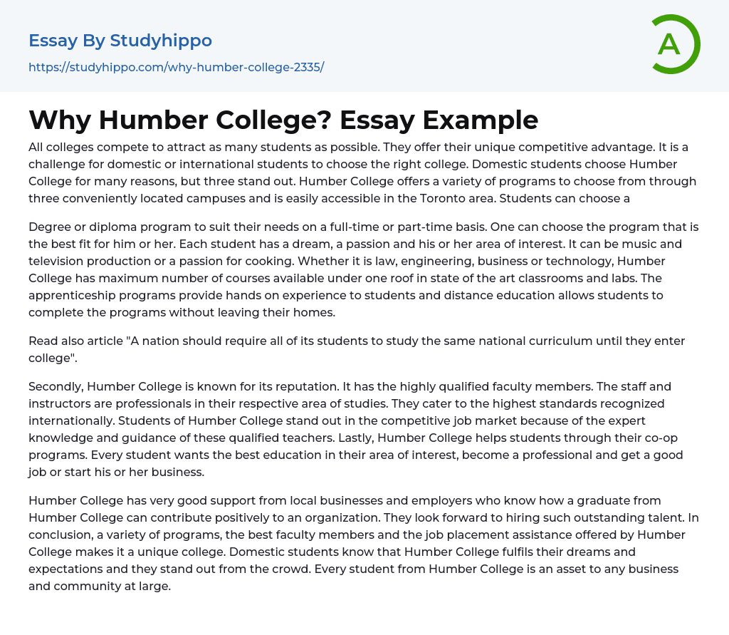 Why Humber College? Essay Example