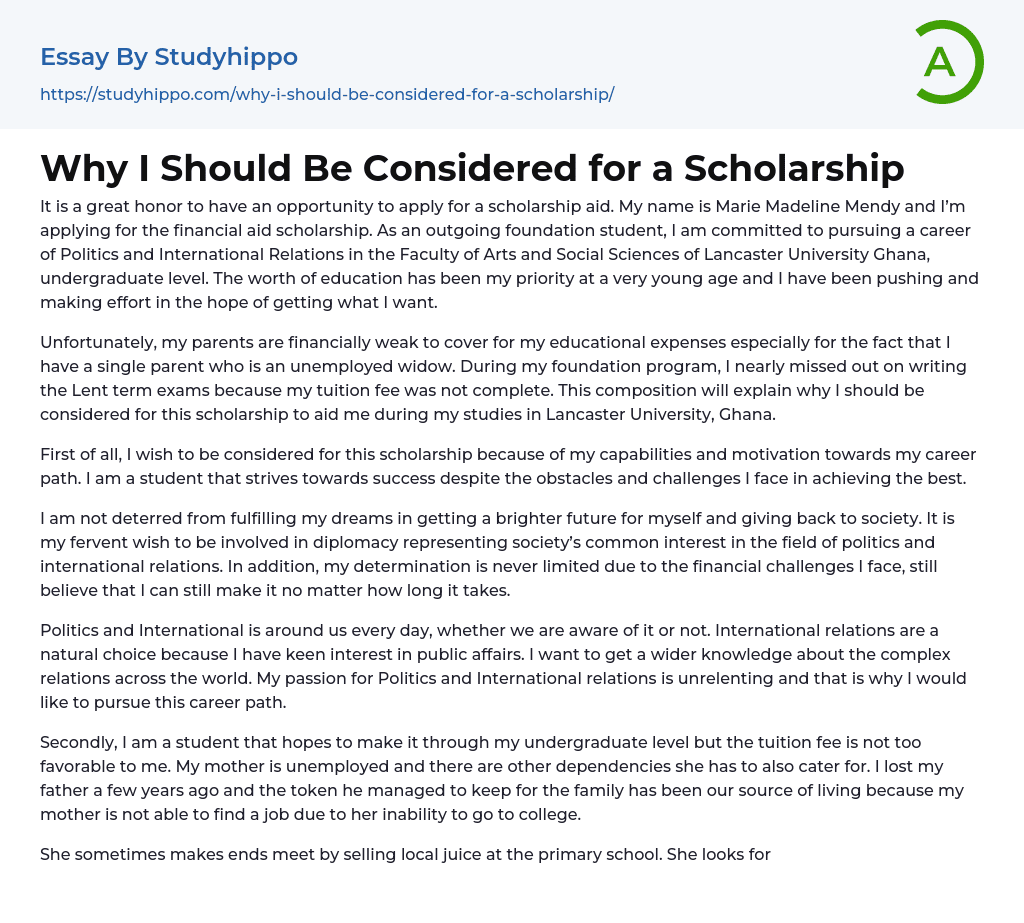 Why I Should Be Considered For A Scholarship Essay Example StudyHippo