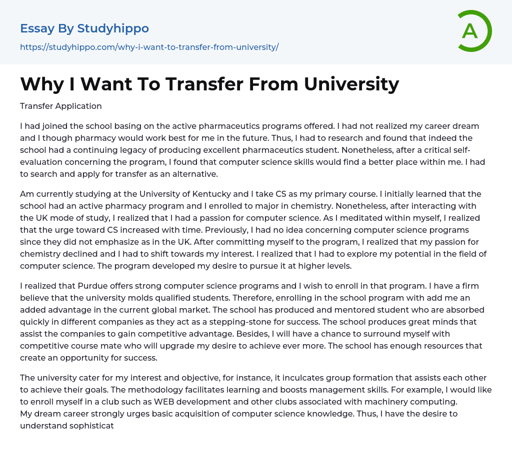 Why I Want To Transfer From University Essay Example