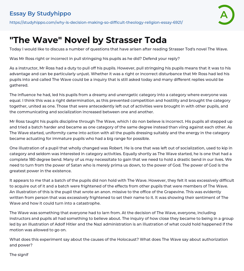 “The Wave” Novel by Strasser Toda Essay Example