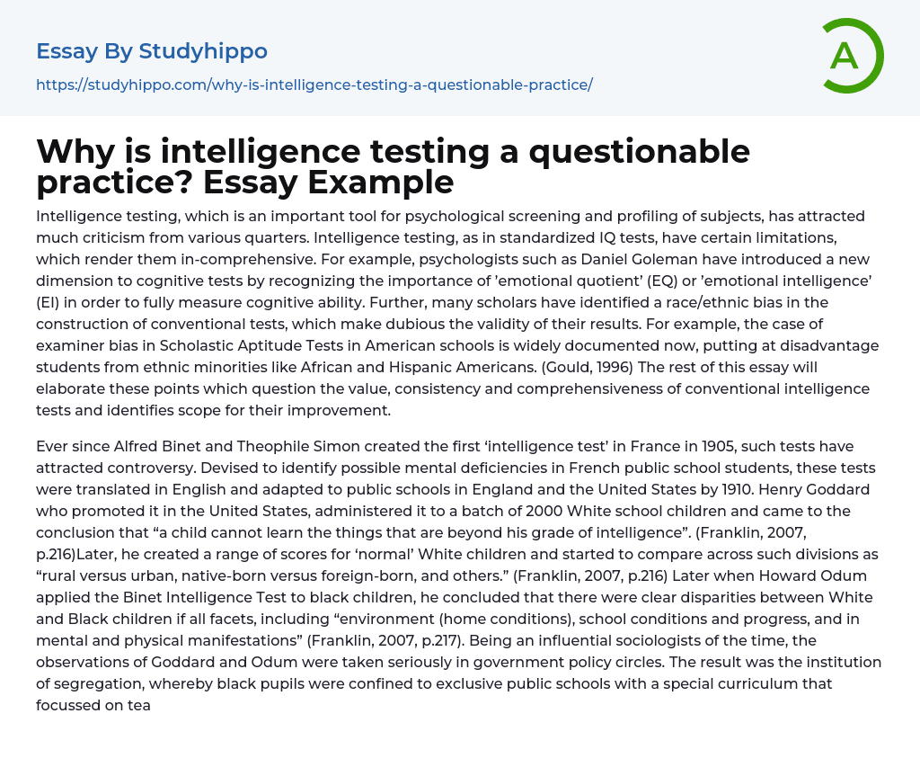 Why is intelligence testing a questionable practice? Essay Example