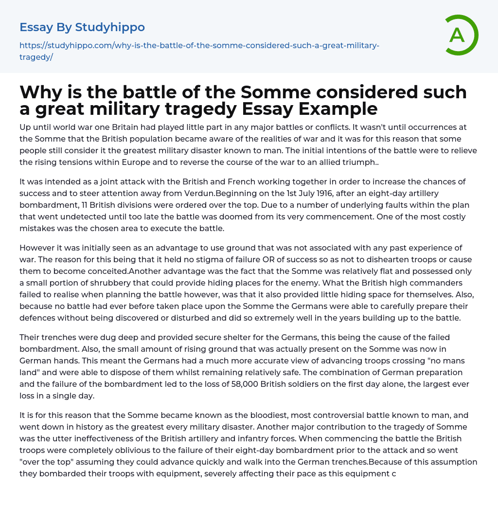 Why is the battle of the Somme considered such a great military tragedy Essay Example