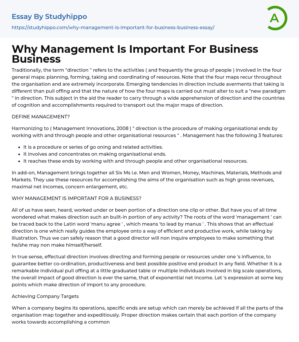 Why Management Is Important For Business Business Essay Example