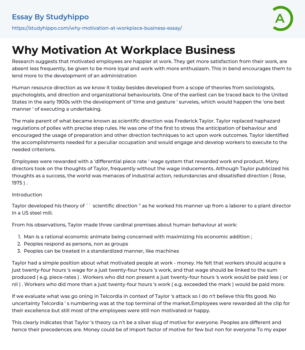 Why Motivation At Workplace Business Essay Example