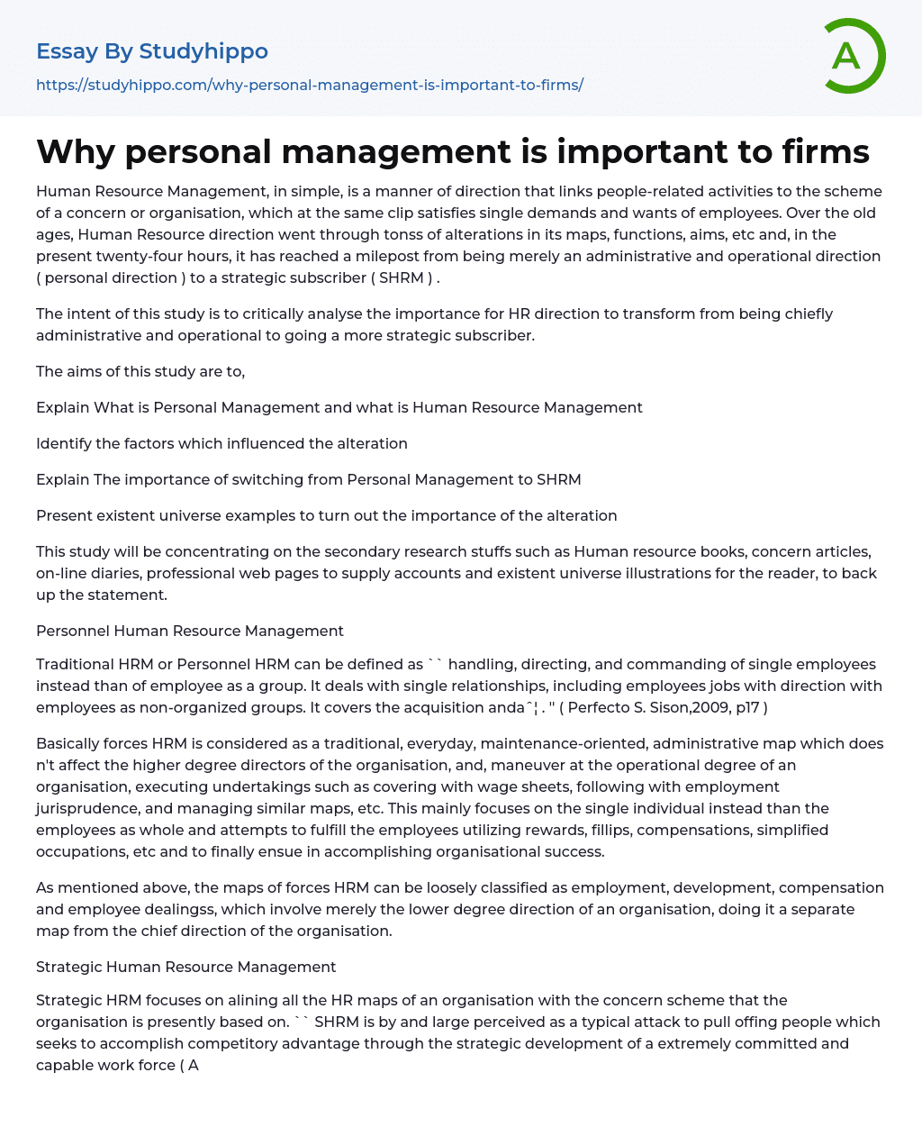 Why personal management is important to firms Essay Example