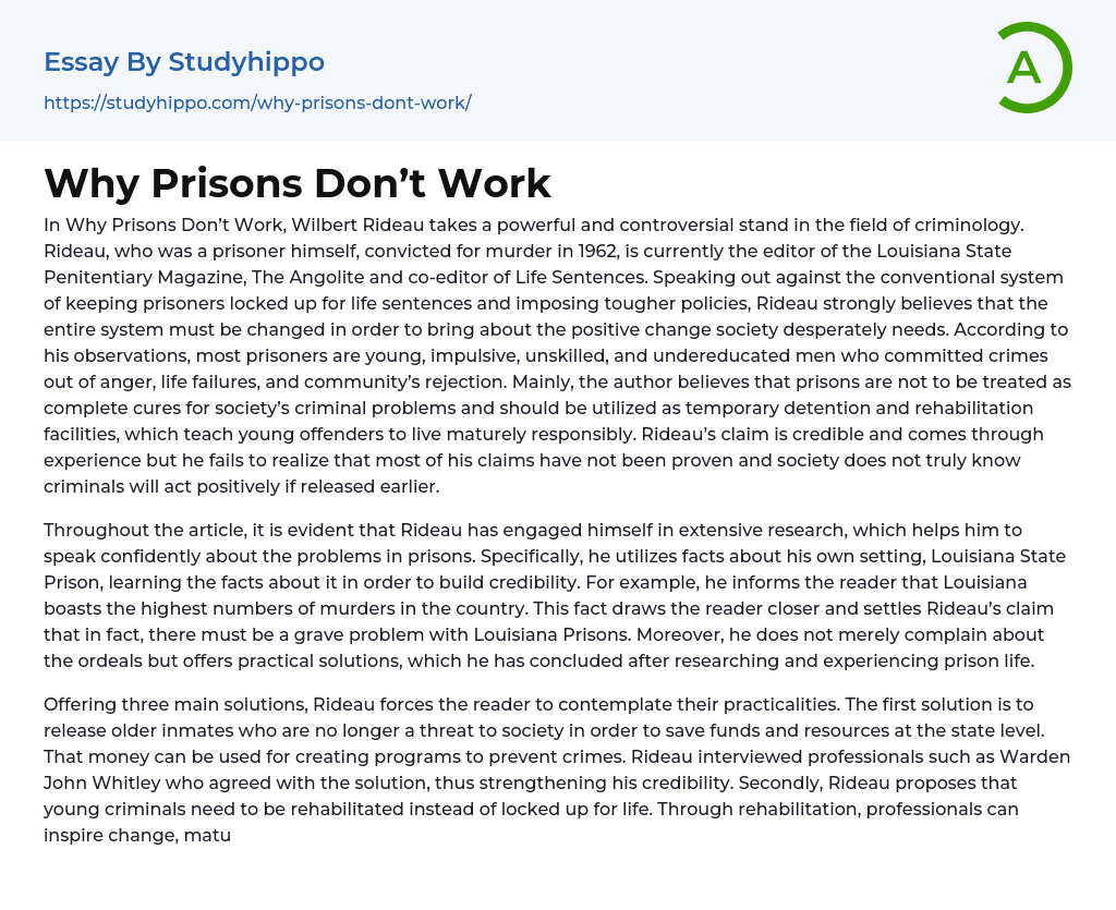 Why Prisons Don’t Work Essay Example