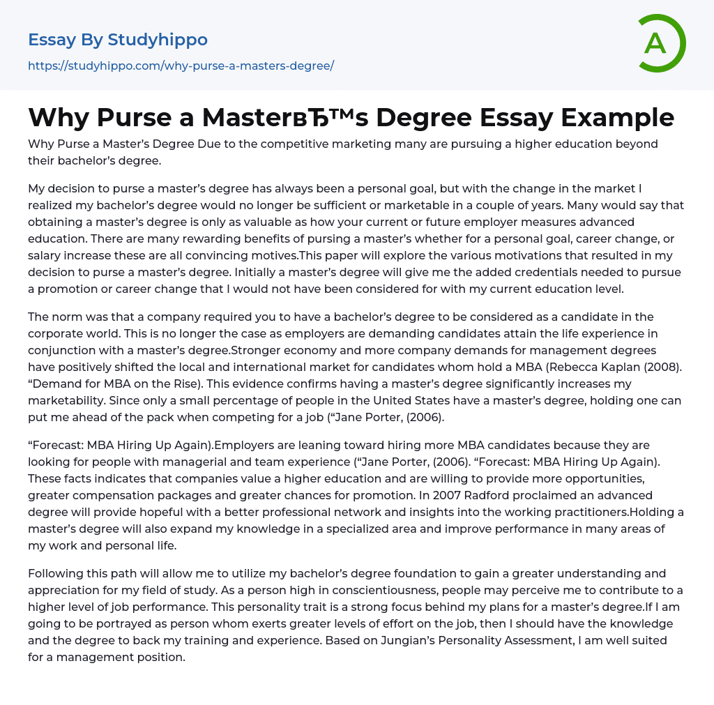 Why Purse a Master’s Degree Essay Example
