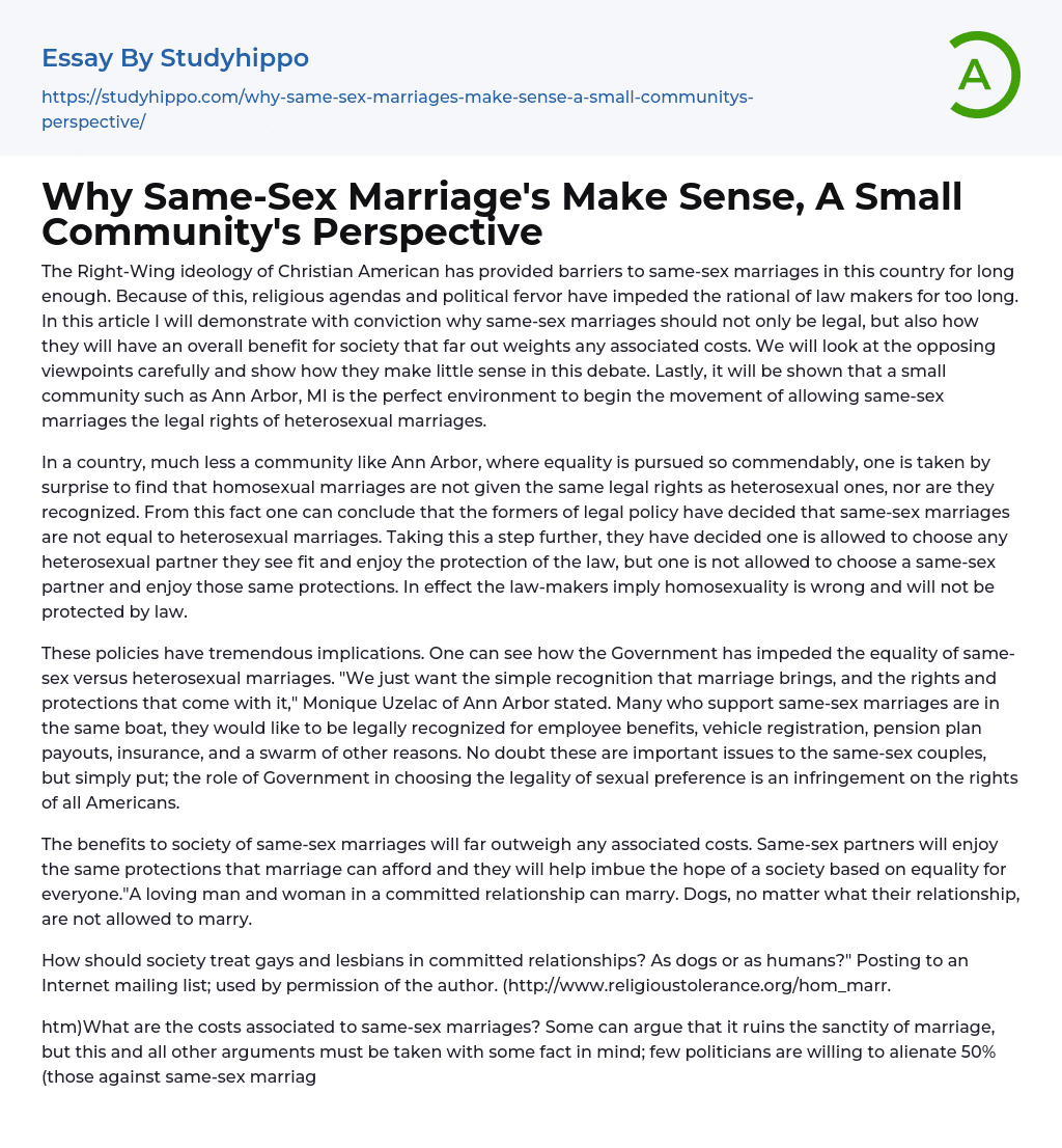 Why Same-Sex Marriage’s Make Sense, A Small Community’s Perspective Essay Example