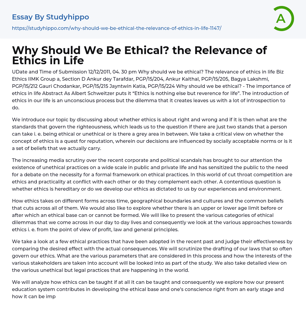 essay about ethics in life