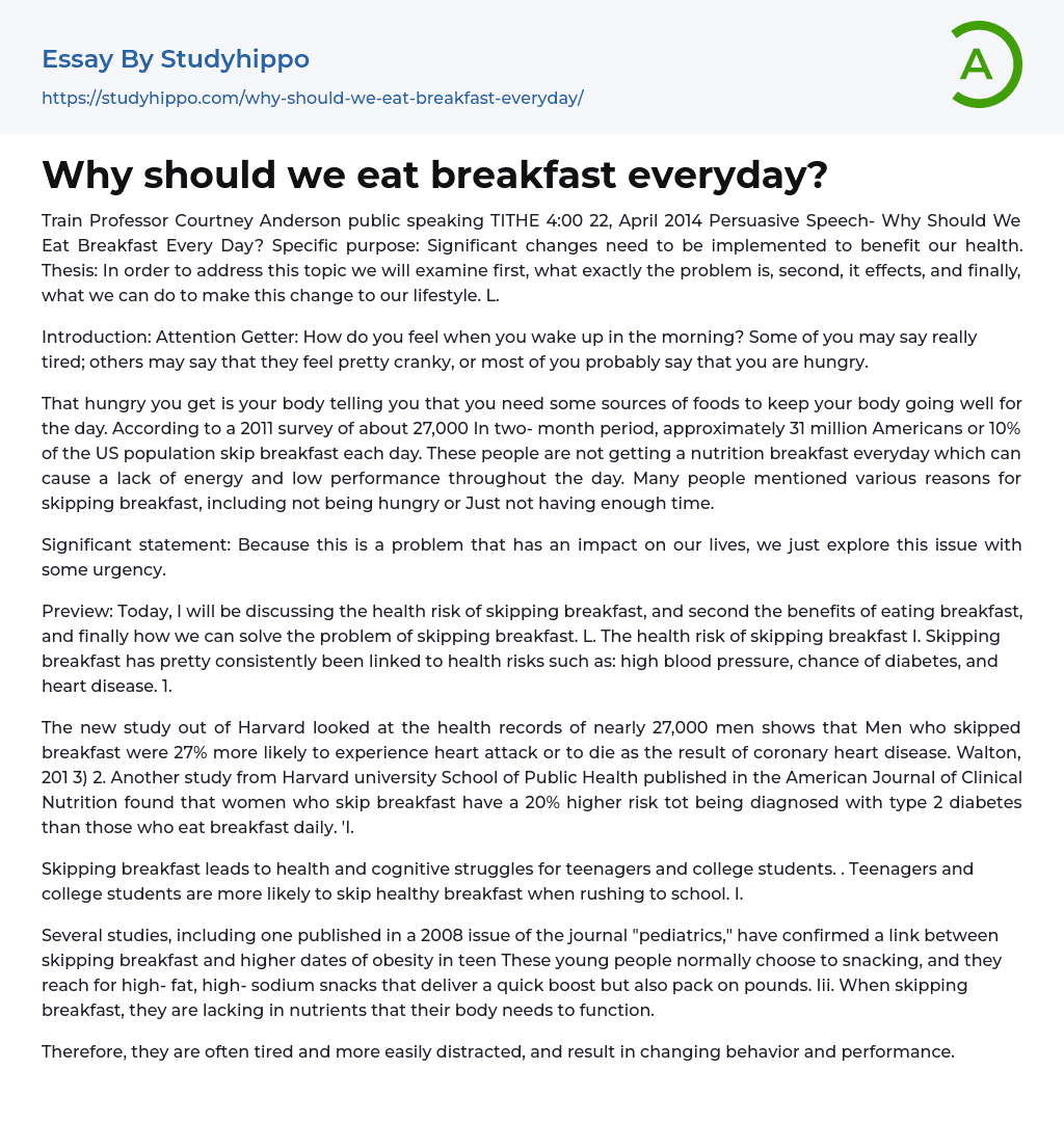 Why Should We Eat Breakfast Everyday? Essay Example