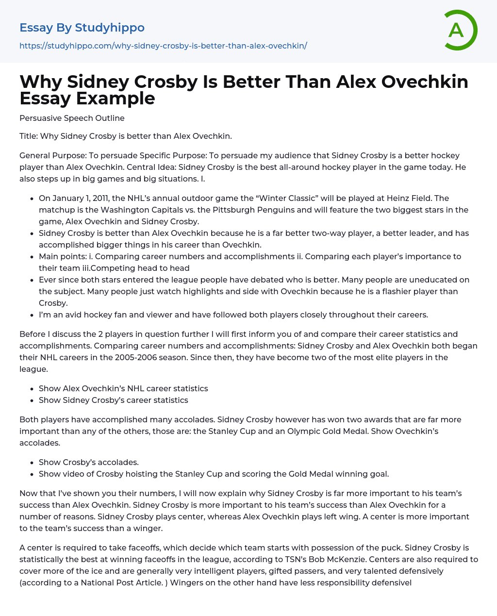 Why Sidney Crosby is better than Alex Ovechkin? Essay Example