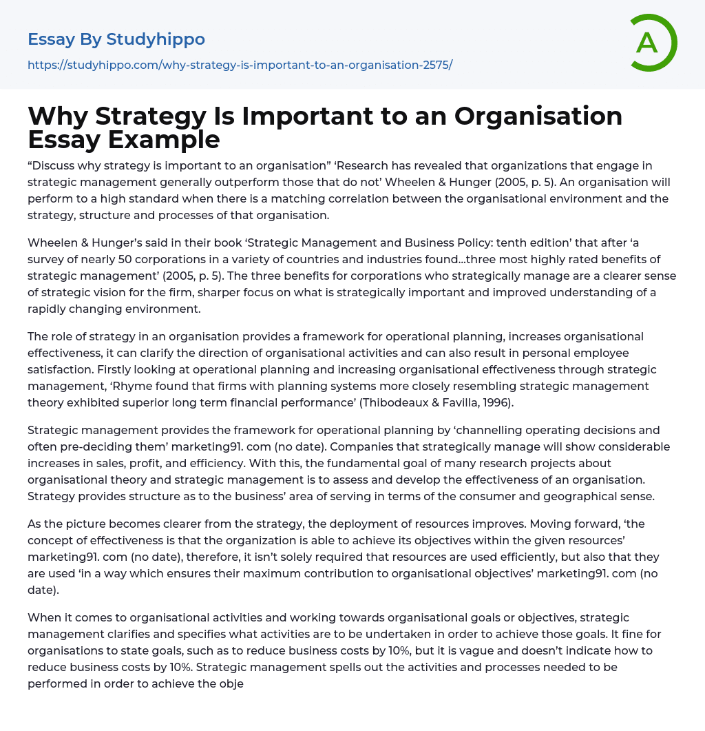 Why Strategy Is Important to an Organisation Essay Example