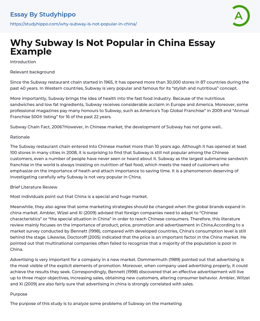 Why Subway Is Not Popular in China Essay Example