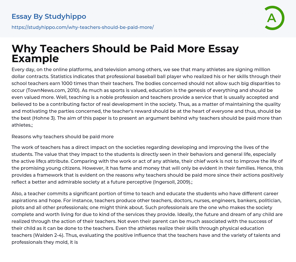 Why Teachers Should be Paid More Essay Example