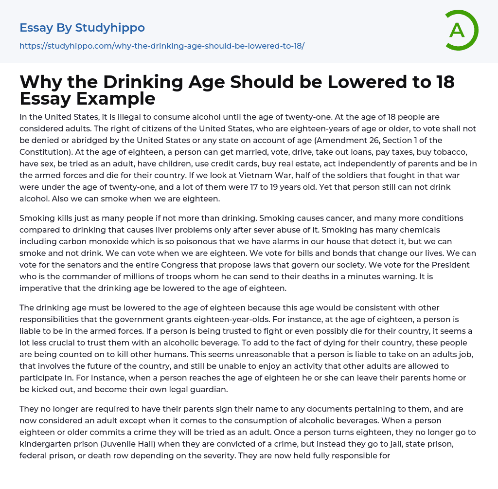 Why the Drinking Age Should be Lowered to 18 Essay Example