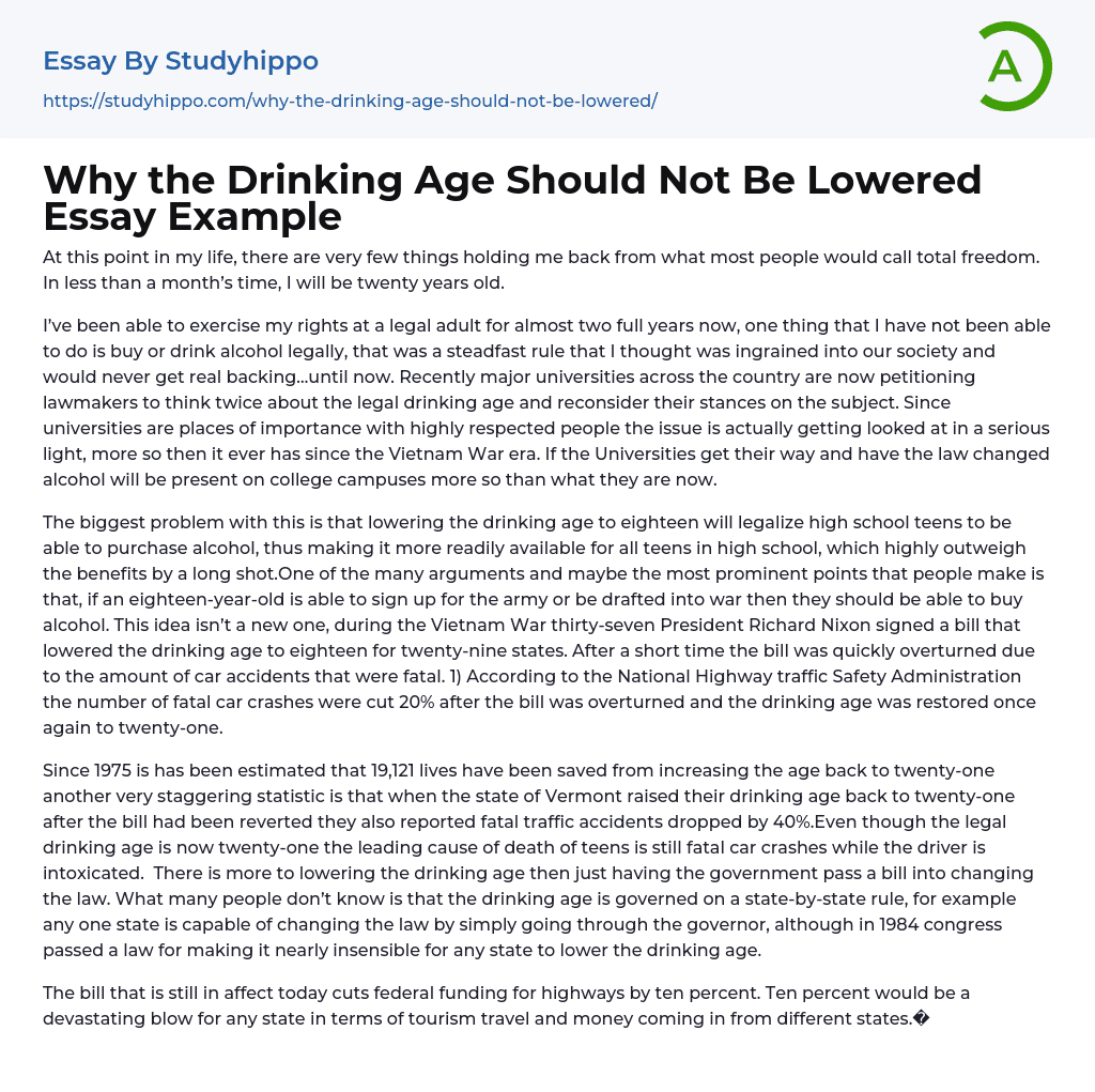 Why The Drinking Age Should Not Be Lowered Essay Example StudyHippo