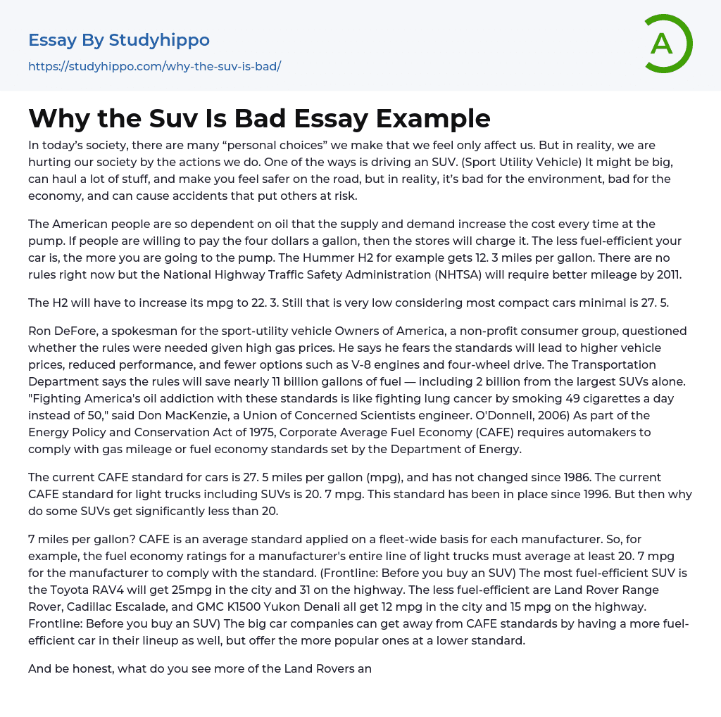 Why the Suv Is Bad Essay Example