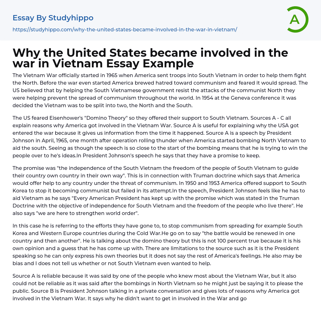Why the United States became involved in the war in Vietnam Essay Example