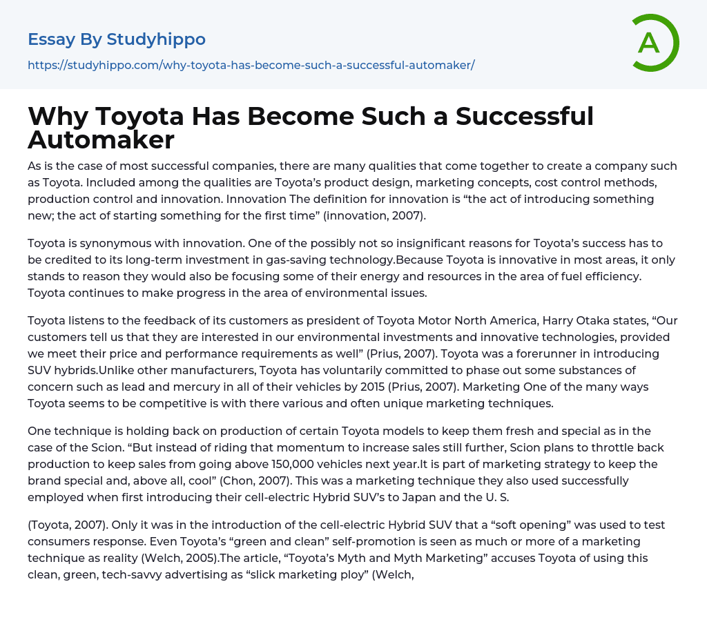 Why Toyota Has Become Such a Successful Automaker Essay Example