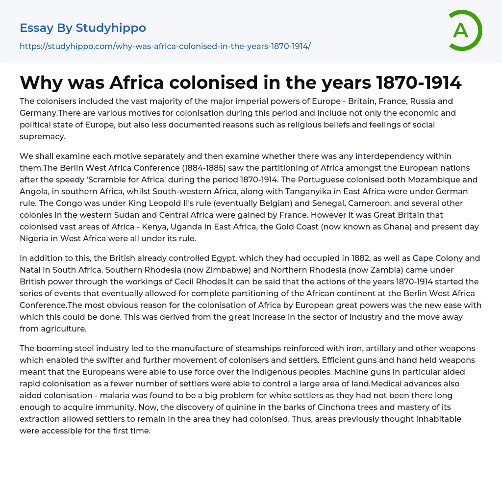 Why was Africa colonised in the years 1870-1914 Essay Example