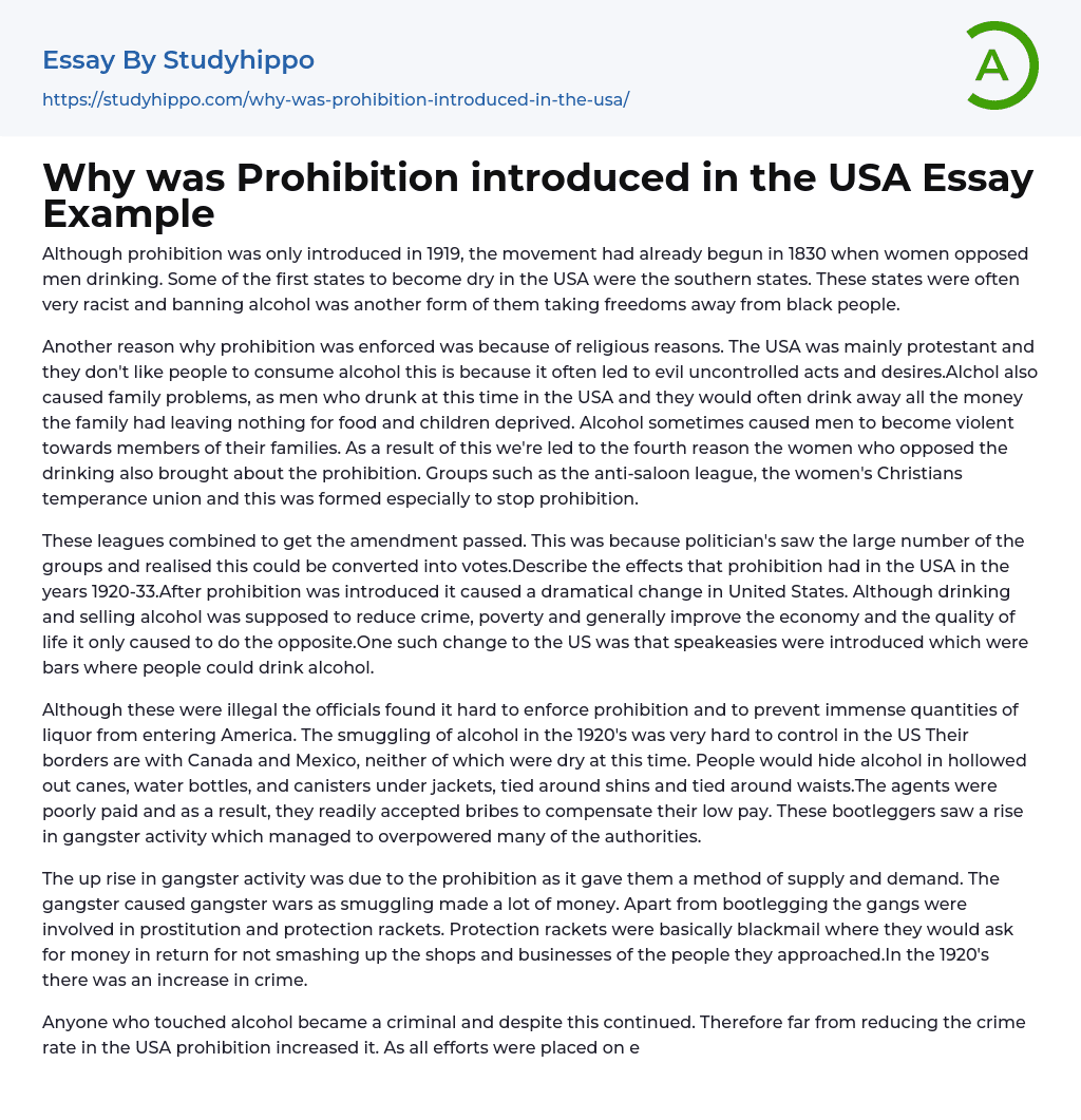 Why was Prohibition introduced in the USA Essay Example