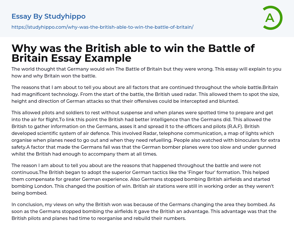 Why was the British able to win the Battle of Britain Essay Example