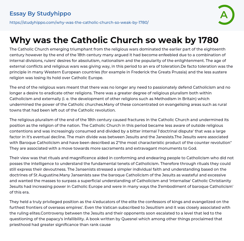 Why was the Catholic Church so weak by 1780 Essay Example