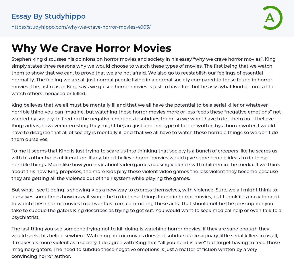 Why We Crave Horror Movies Essay Example
