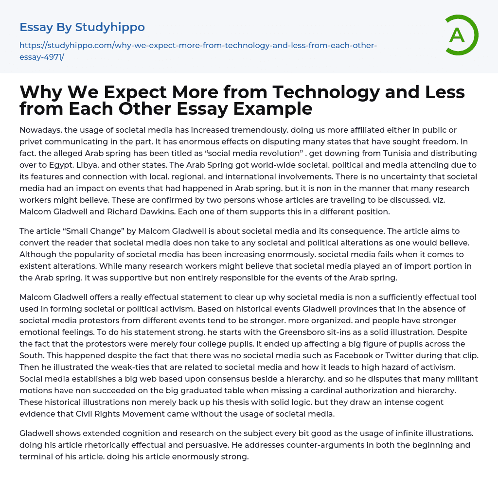Why We Expect More from Technology and Less from Each Other Essay Example