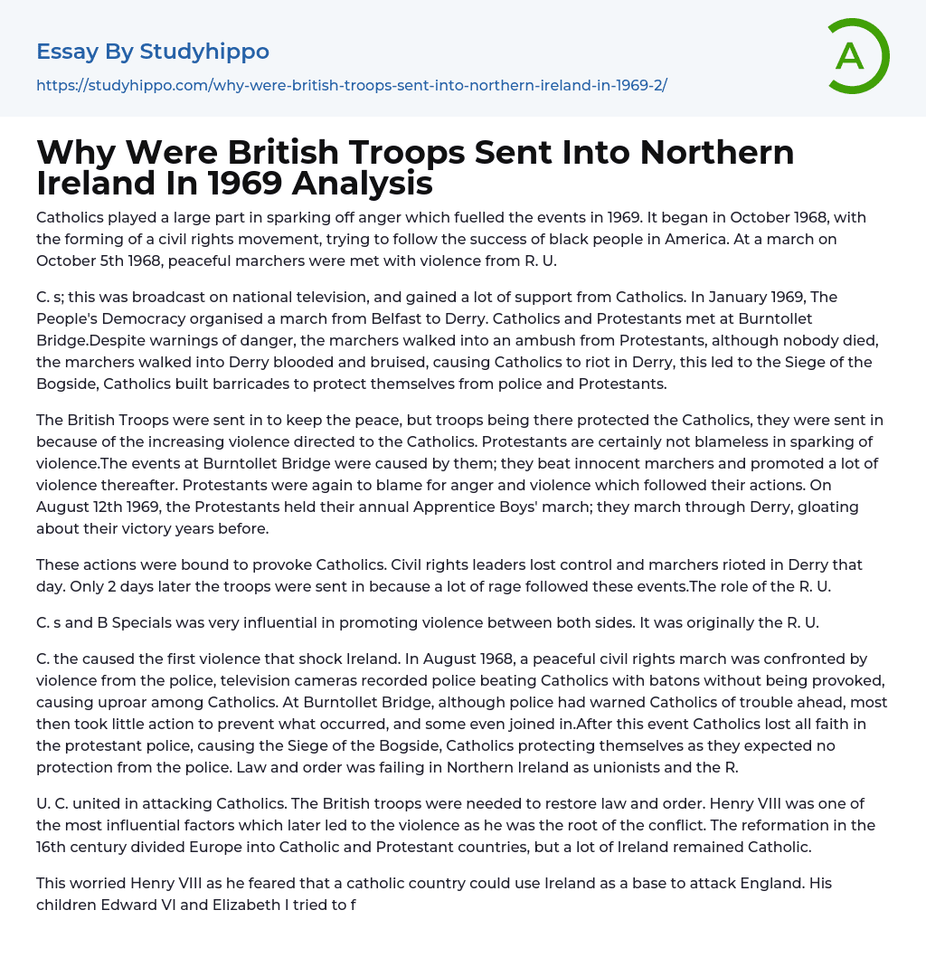 Why Were British Troops Sent Into Northern Ireland In 1969 Analysis Essay Example