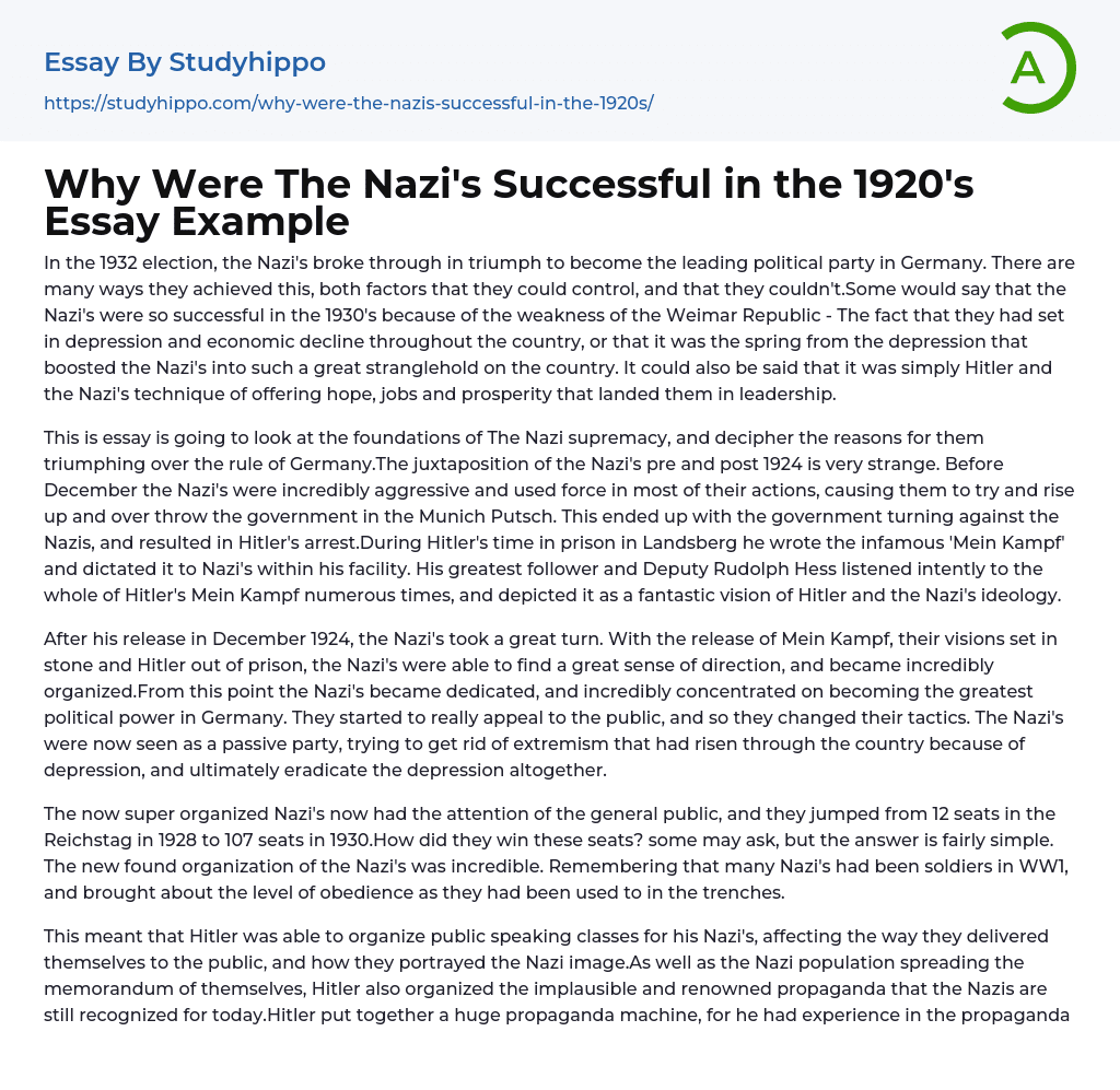 Why Were The Nazi’s Successful in the 1920’s Essay Example