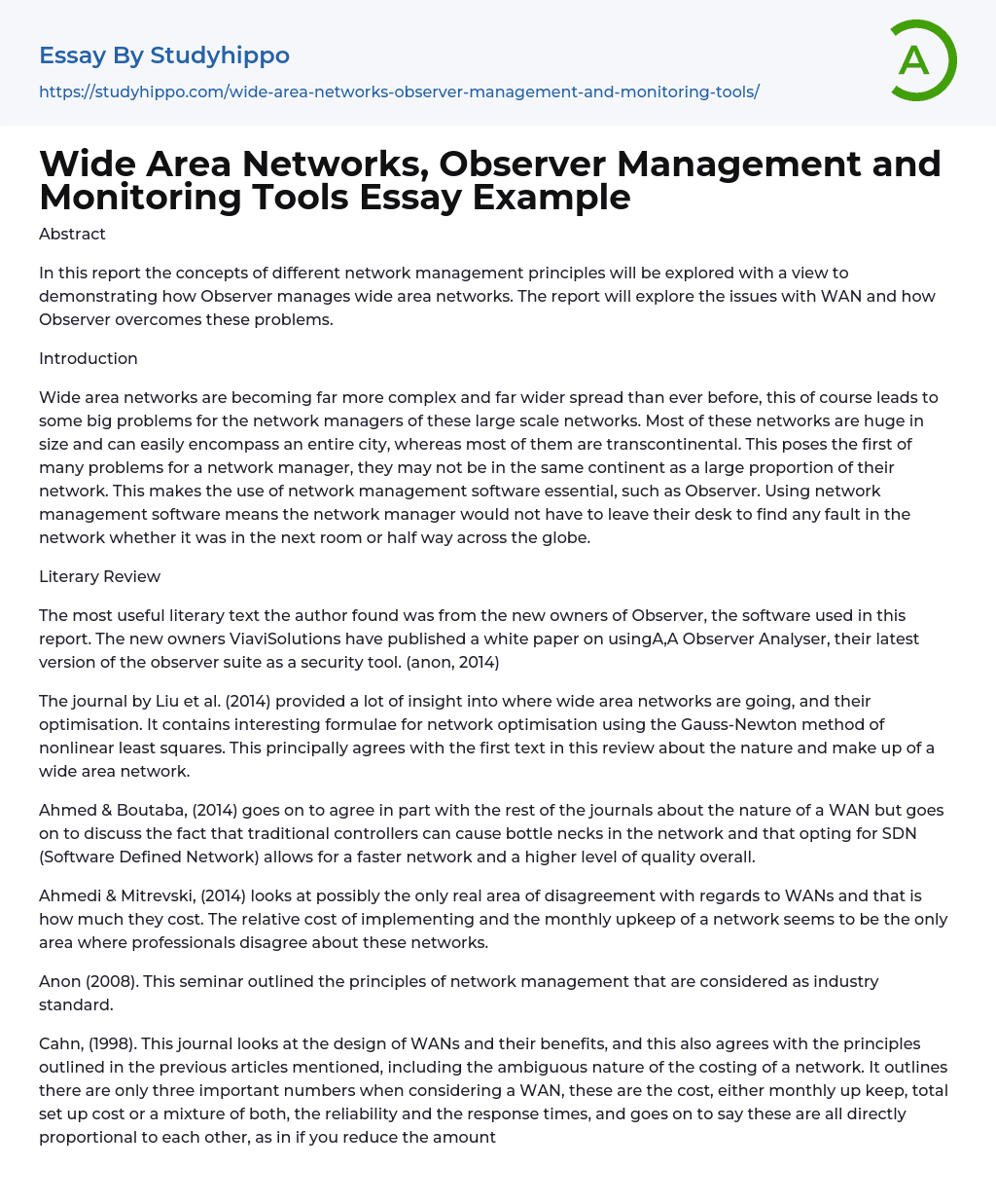 Wide Area Networks, Observer Management and Monitoring Tools Essay Example