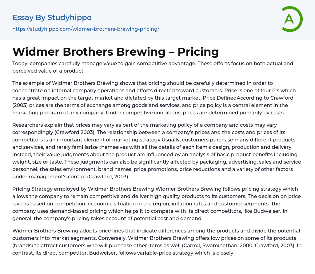 Widmer Brothers Brewing – Pricing Essay Example